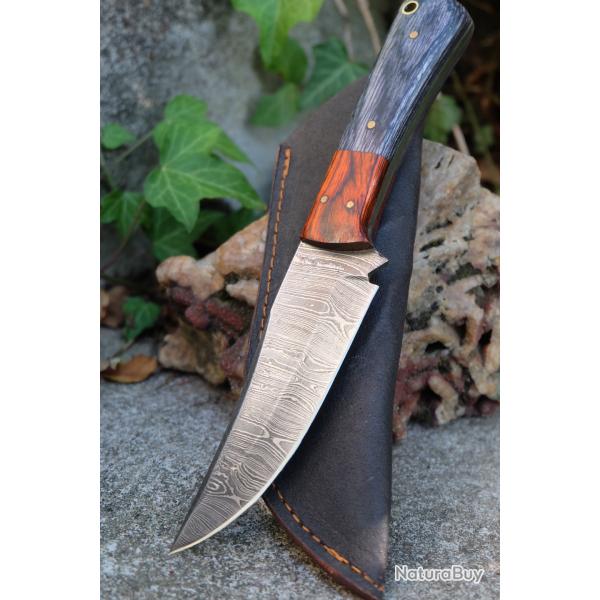Skinner Couteau Damas Lame 256 Couches Lame Trailing Point Manche Smoke Fabr Artisanale Etui Cuir