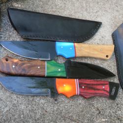 LOT DE 3 Couteau Tactical Urbain Lame Drop Acier Carbone 1055 Blk Manche Bois Etui Fab Artisanale 01