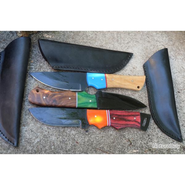 LOT DE 3 Couteau Tactical Urbain Lame Drop Acier Carbone 1055 Blk Manche Bois Etui Fab Artisanale 01