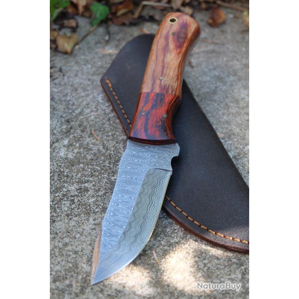 Skinner Couteau Damas Lame 256 Couches Lame Drop Point Manche 2 Bois Fabr Artisan Etui Simili Cuir