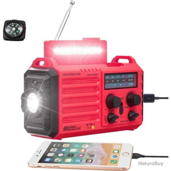 Radio Solaire Urgence Portable Batterie 4000mAh  Manivelle AM/FM/SW  M�t�o SOS USB Boussole Rouge