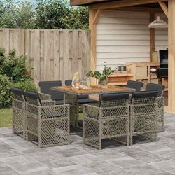 Ensemble &agrave; manger de jardin 9 pcs coussins gris r&eacute;sine tress&eacute;e