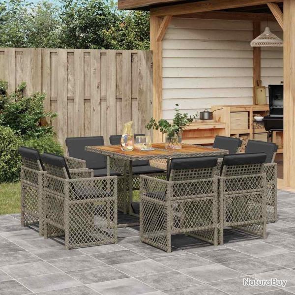 Ensemble � manger de jardin 9 pcs coussins gris r�sine tress�e