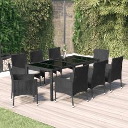 Ensemble &agrave; manger jardin 9pcs et coussins noir r&eacute;sine tress&eacute;e