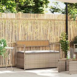 Banc de rangement de jardin avec coussin beige r&eacute;sine tress&eacute;e