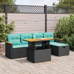 Salon de jardin 6 pcs avec coussins noir r&eacute;sine tress&eacute;e acacia