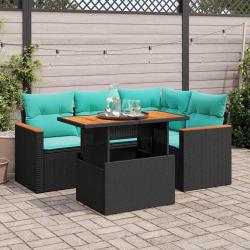 Salon de jardin 5 pcs avec coussins noir r&eacute;sine tress&eacute;e