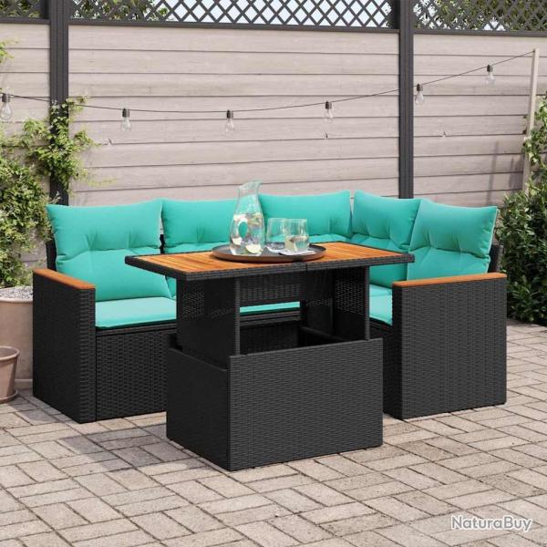 Salon de jardin 5 pcs avec coussins noir r�sine tress�e