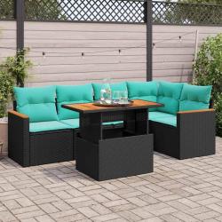 Salon de jardin 6 pcs avec coussins noir r&eacute;sine tress&eacute;e