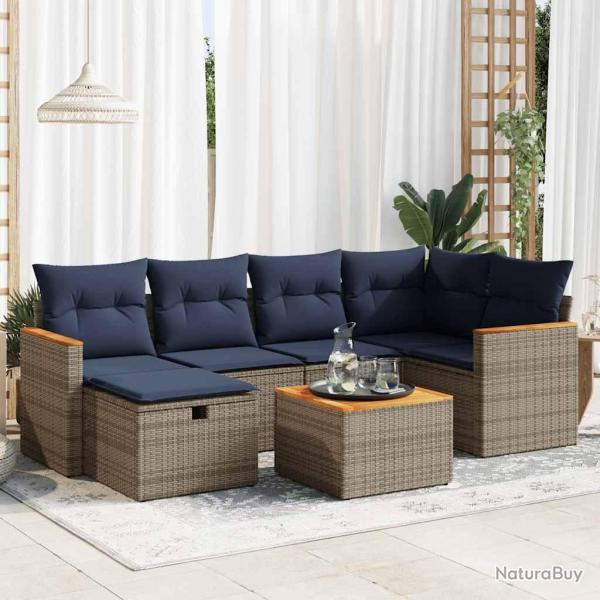 Salon de jardin avec coussins 7 pcs gris r�sine tress�e