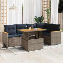 Salon de jardin 6 pcs avec coussins gris r&eacute;sine tress&eacute;e
