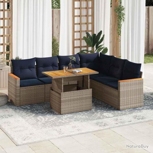 Salon de jardin avec coussins 7 pcs gris r�sine tress�e