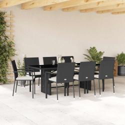 Ensemble &agrave; manger de jardin 9pcs coussins noir r&eacute;sine tress&eacute;e