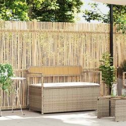 Banc de rangement de jardin avec coussin beige r&eacute;sine tress&eacute;e