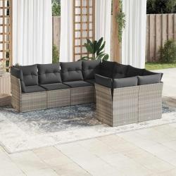 Salon de jardin 8 pcs avec coussins gris clair r&eacute;sine tress&eacute;e
