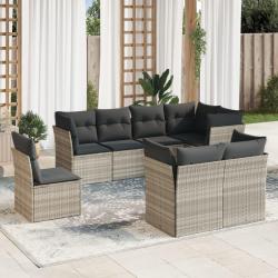 Salon de jardin 8 pcs avec coussins gris clair r&eacute;sine tress&eacute;e