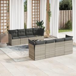 Salon de jardin 9 pcs avec coussins gris clair r&eacute;sine tress&eacute;e