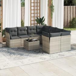 Salon de jardin 9 pcs avec coussins gris clair r&eacute;sine tress&eacute;e