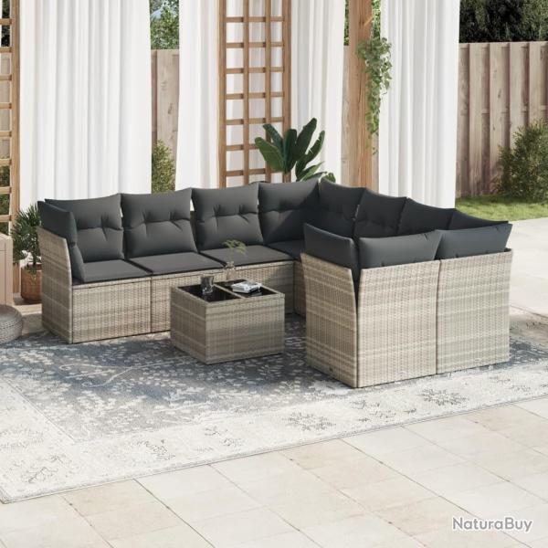 Salon de jardin 9 pcs avec coussins gris clair r�sine tress�e