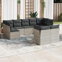 Salon de jardin 9 pcs avec coussins gris clair r&eacute;sine tress&eacute;e