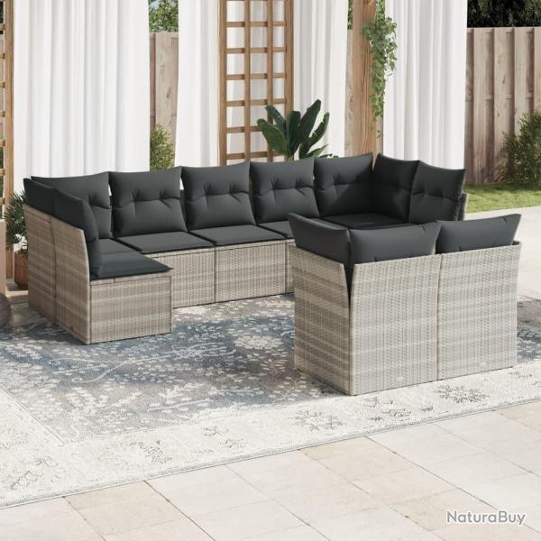 Salon de jardin 9 pcs avec coussins gris clair r�sine tress�e