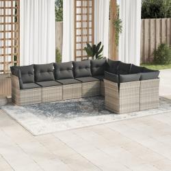Salon de jardin 9 pcs avec coussins gris clair r&eacute;sine tress&eacute;e