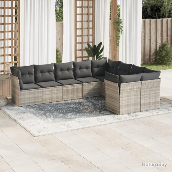 Salon de jardin 9 pcs avec coussins gris clair r�sine tress�e
