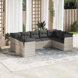Salon de jardin 9 pcs avec coussins gris clair r&eacute;sine tress&eacute;e