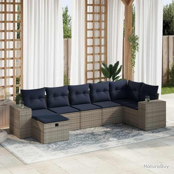 Salon de jardin avec coussins 7 pcs gris r�sine tress�e