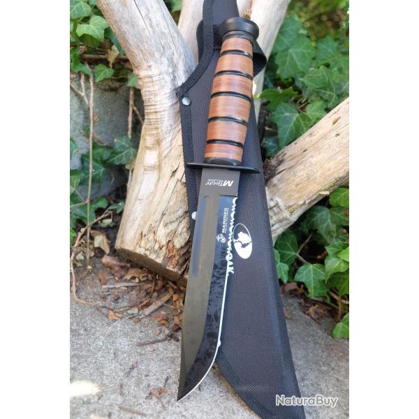 Couteau Tactical Marines Combat Mtech Lame Acier 3Cr13 Serr Black Manche Cuir Etui Style Ka-bar 01