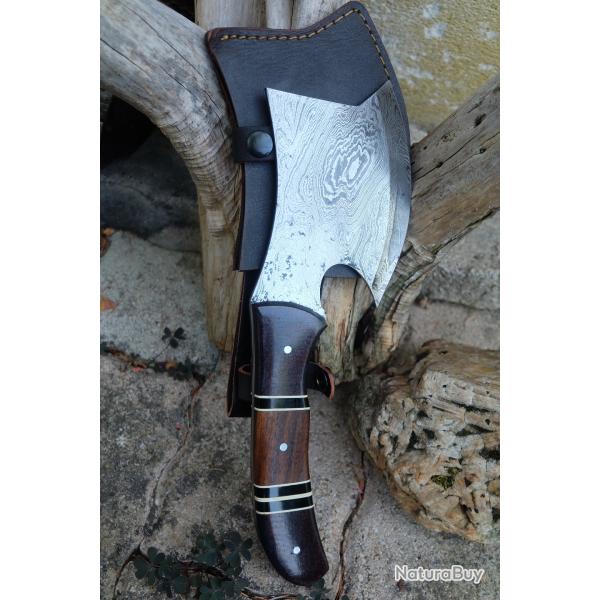 Hachette Damas Lame 256 Couches Manche Bois/Micarta Etui Cuir Fabrication Artisanale 001