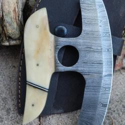Couteau d'Esquimau Inuit Ulu Lame Acier Damas 256 Couches Manche Os Etui Simili Cuir Fabr Artisanale