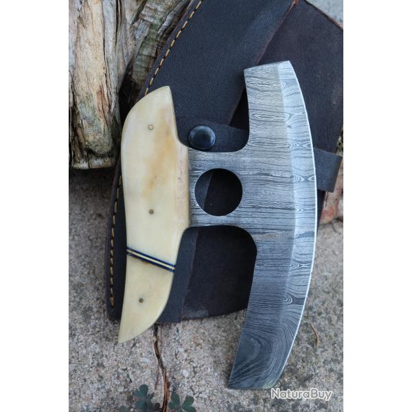 Couteau d'Esquimau Inuit Ulu Lame Acier Damas 256 Couches Manche Os Etui Simili Cuir Fabr Artisanale
