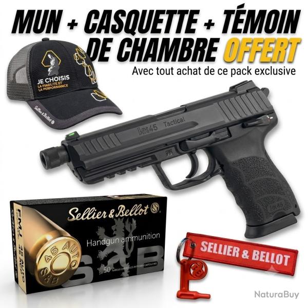Pack pistolet H&K Heckler&Koch HK45 tactical cal.45acp + 50 Munitions + casquette + temoin offert