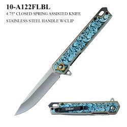 Couteau ElitEdge A/O Lame Acier Inox Manche Inox Gris, motif floral bleu/noir Linerlock EE10A122FLBL