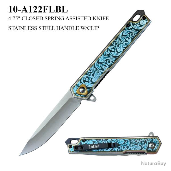 Couteau ElitEdge A/O Lame Acier Inox Manche Inox Gris, motif floral bleu/noir Linerlock EE10A122FLBL