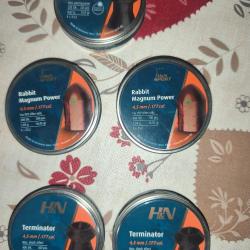 Lot de 5 boites de plombs 4,5 HN neuves(2bts Rabbit mag power + 2bts Terminator+ 1 bt Hornet).