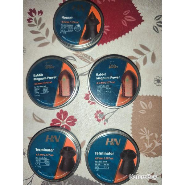 Lot de 5 boites de plombs 4,5 HN neuves(2bts Rabbit mag power + 2bts Terminator+ 1 bt Hornet).