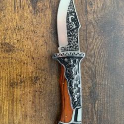 Couteau pliant de collection - Gravures Chevaux - Inox & Bois de rose - provenance USA