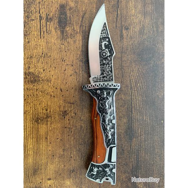 Couteau pliant de collection - Gravures Chevaux - Inox & Bois de rose - provenance USA