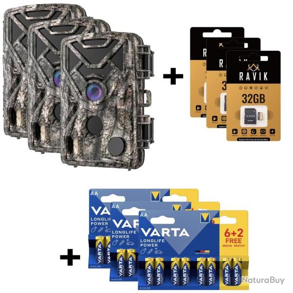 Pack pi�ge photographique Ravik RAV100 lot de 3 + carte m�moire 32GB et 8 piles