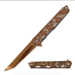 Couteau ElitEdge Dragon A/O Lame Acier Inoxydable Manche Inox Sculpt&eacute; Or Rose Linerlock EE10A134RG -
