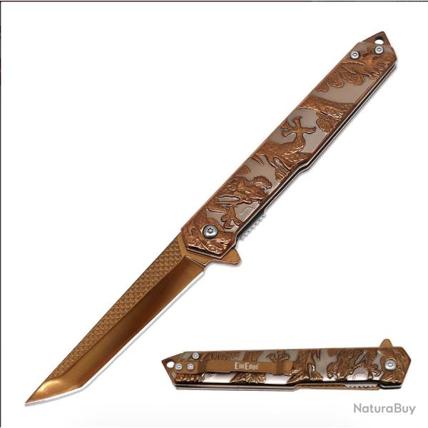 Couteau ElitEdge Dragon A/O Lame Acier Inoxydable Manche Inox Sculpt� Or Rose Linerlock EE10A134RG -