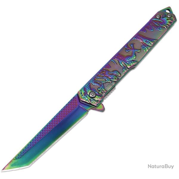 Couteau ElitEdge Dragon A/O Lame Acier Inoxydable Manche Inox Sculpt� Spectrum Linerlock EE10A134RB