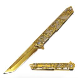 Couteau ElitEdge Dragon A/O Lame Acier Inoxydable Manche Inox Sculpt&eacute; Or/Argent Linerlock EE10A134GD
