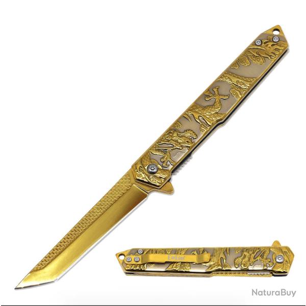 Couteau ElitEdge Dragon A/O Lame Acier Inoxydable Manche Inox Sculpt� Or/Argent Linerlock EE10A134GD