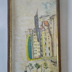 Huile sur bois sign&eacute; Padovani, 1953, avec son cadre d'&eacute;poque