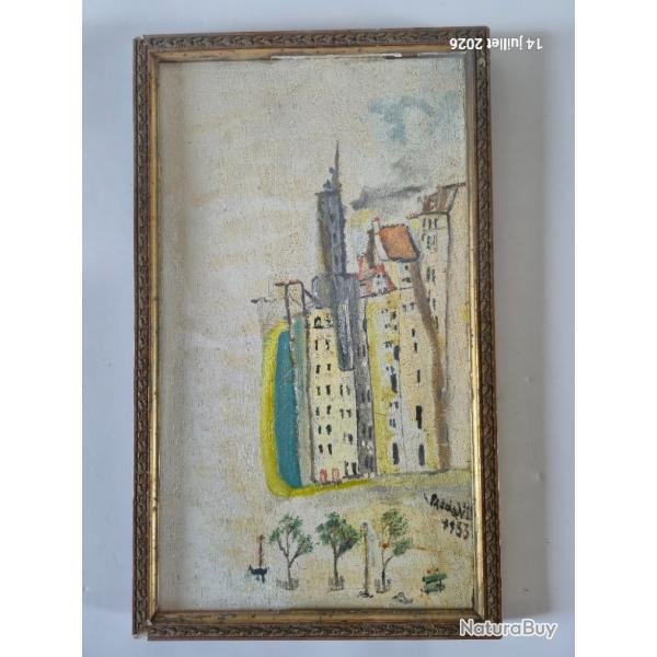 Huile sur bois sign� Padovani, 1953, avec son cadre d'�poque