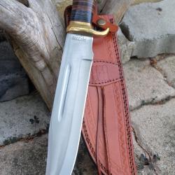 GROS Couteau Crocodile Dundee Bowie Alamo Leather Lame Acier Carbone Manche Cuir Etui Cuir