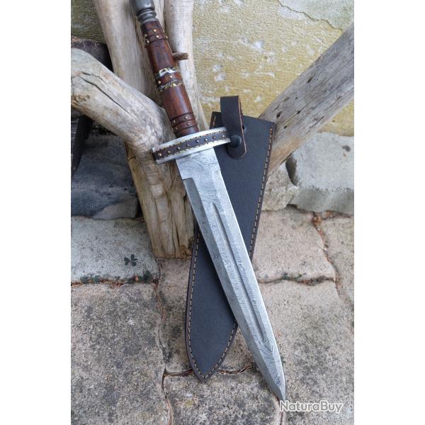 Poignard Dague Damas Lame Pommeau Acier Damas 256 Couches Manche Bois Etui Simili Fabri Artisanale